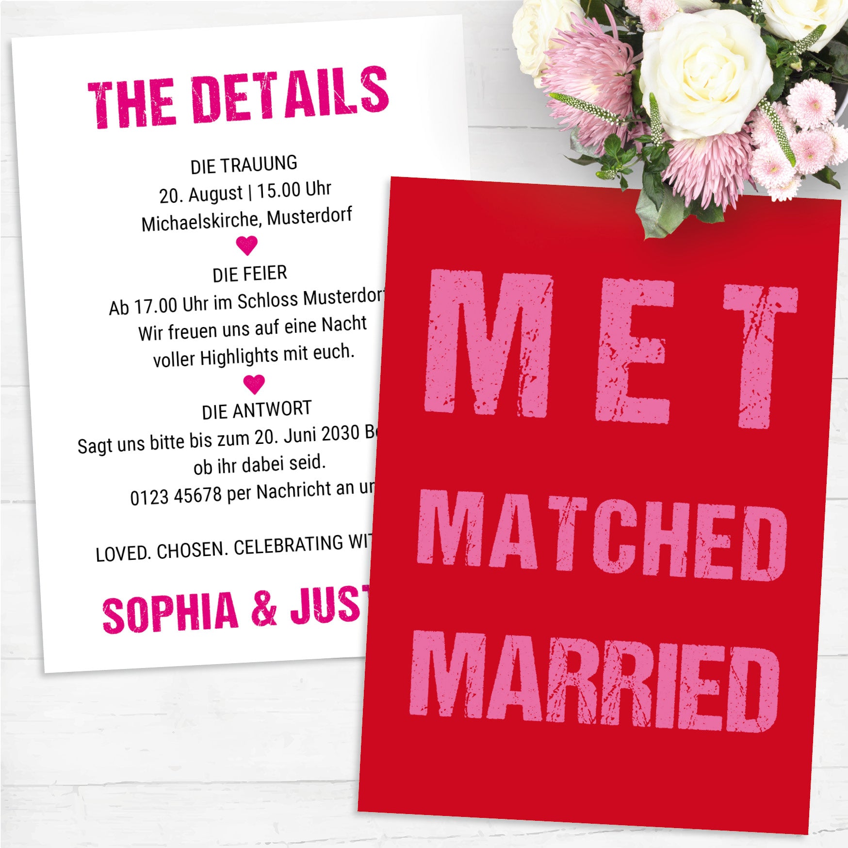 Hochzeitseinladung „MET MATCHED MARRIED“ | Minimalistisches 3-M-Design | Moderne Typografie-Karte